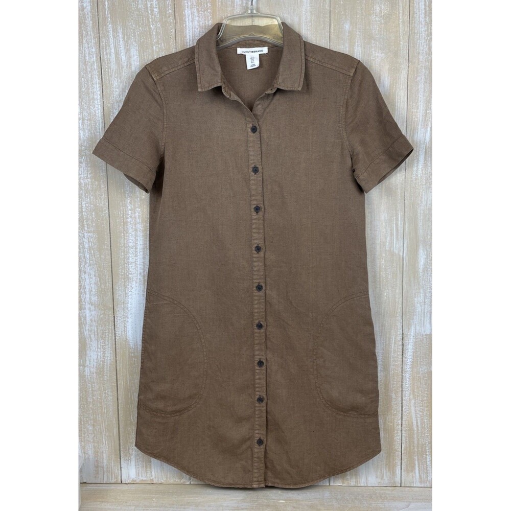Lucky Brand Women's Linen Blend Mini Shirt-Dress Brown Sz S Button Down